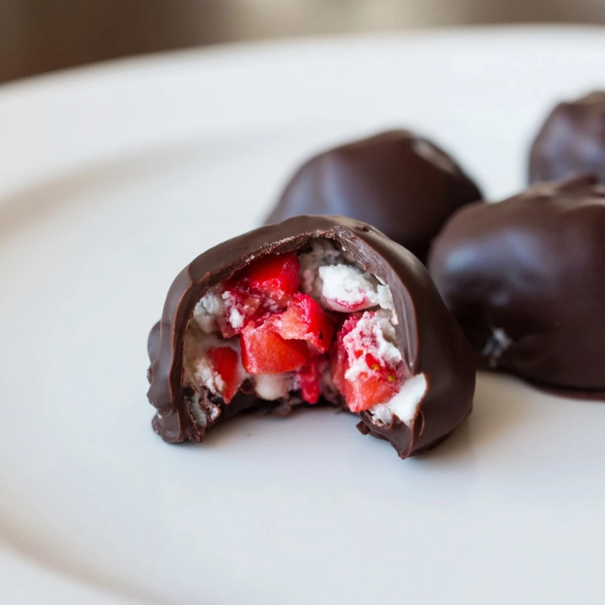 Easy homemade Chocolate Covered Strawberry Yogurt Clusters served on a plate, ideal for healthy snacking or dessert.