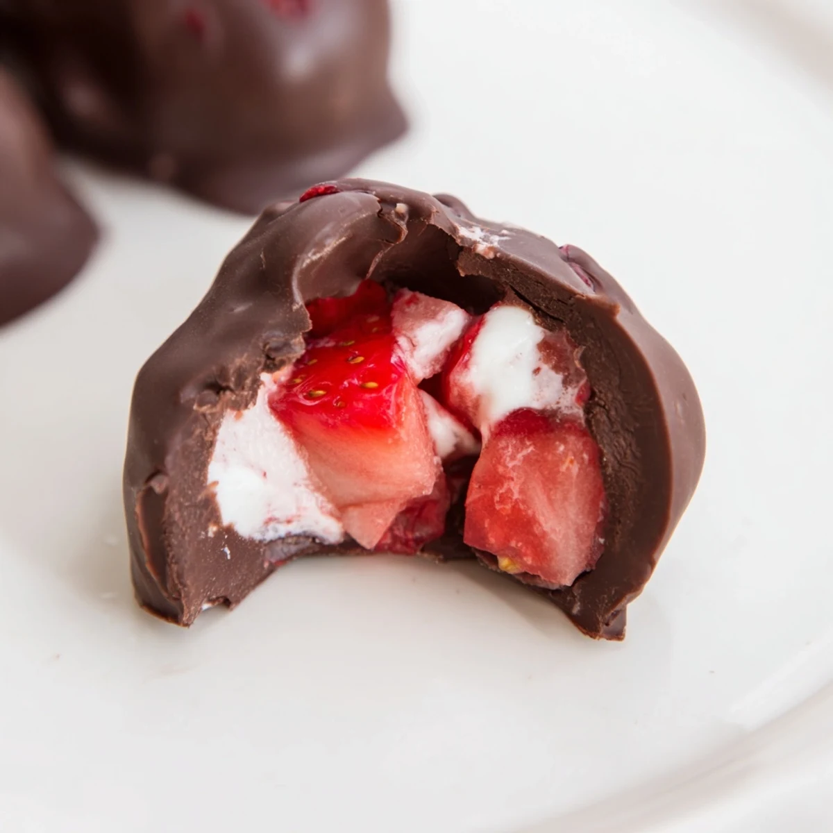 Close-up of a Chocolate Covered Strawberry Yogurt Cluster with a cracked dark chocolate shell revealing creamy filling.