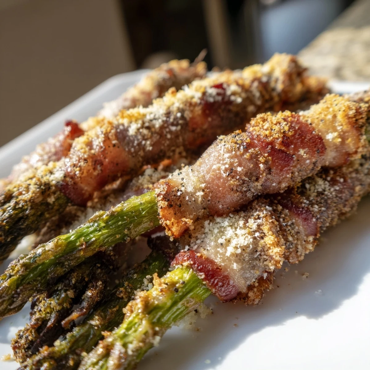 Golden Crispy Beef Bacon Wrapped Asparagus Bundles arranged on a platter with lemon zest and Parmesan.