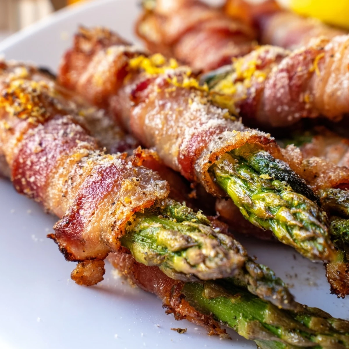 Tender asparagus spears wrapped in beef bacon, served hot as an elegant gluten-free appetizer or side dish.