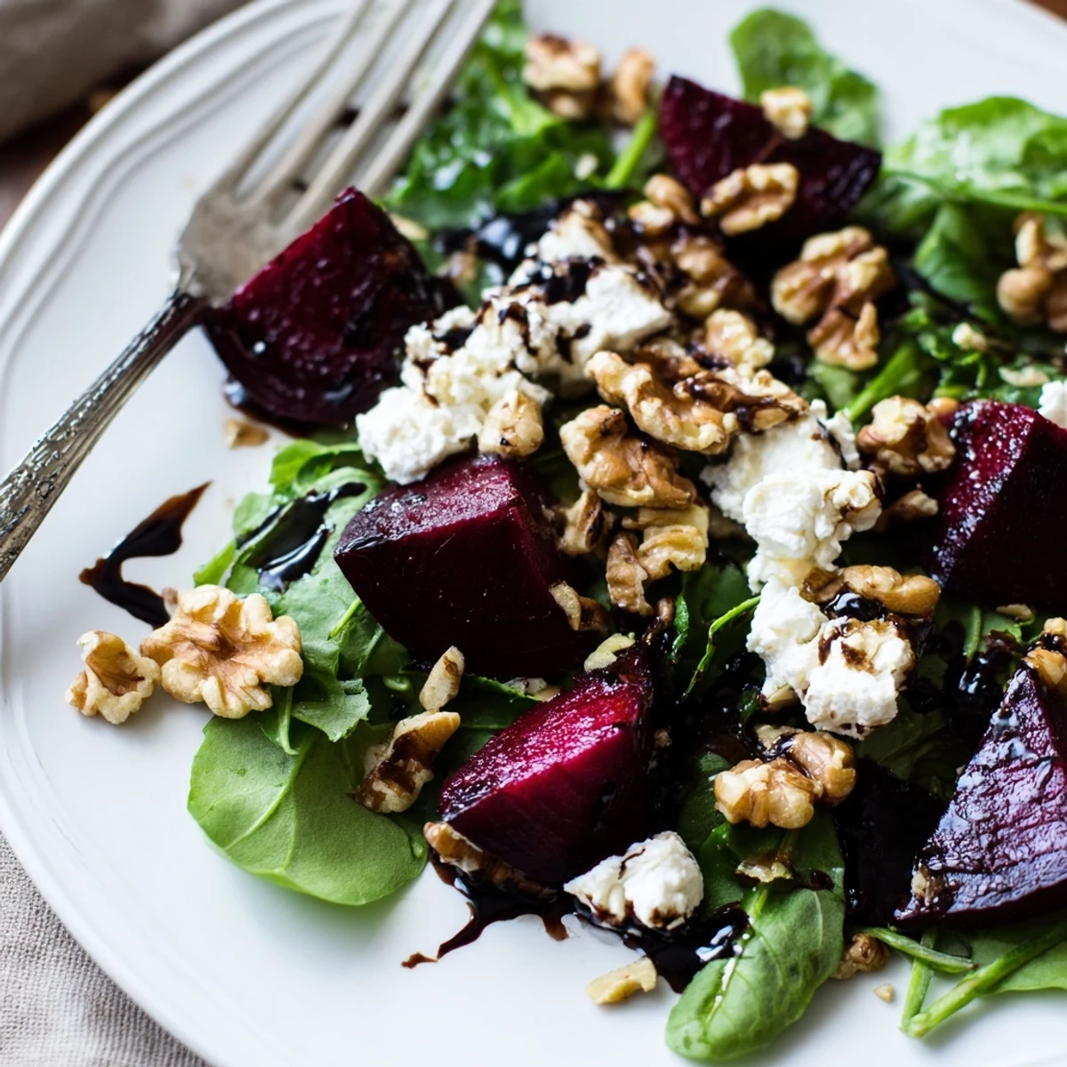 Roasted Beet and Goat Cheese Salad with Walnuts arranged on a platter with vibrant red beets, creamy cheese, and toasted nuts.