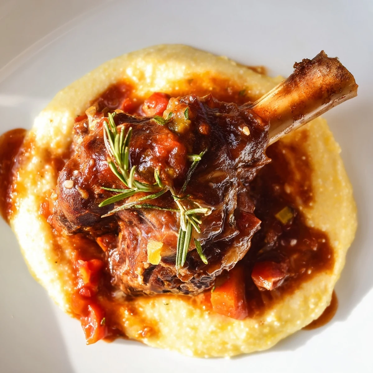 Tender Slow Cooked Lamb Shanks with Rosemary Polenta topped with melted parmesan and rosemary sprigs.