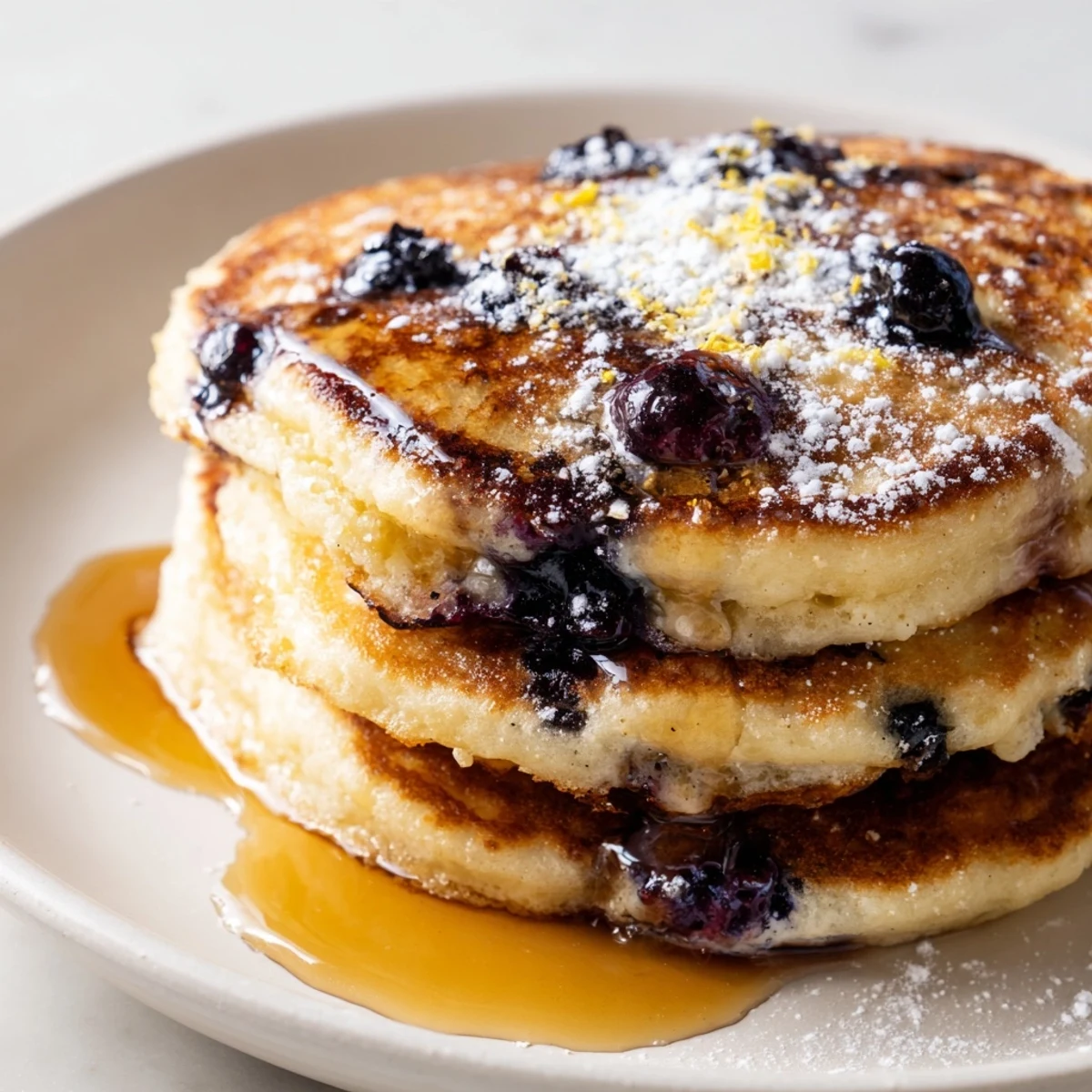 Close-up of Lemon Blueberry Ricotta Pancakes revealing a tender, moist crumb studded with juicy blueberries.