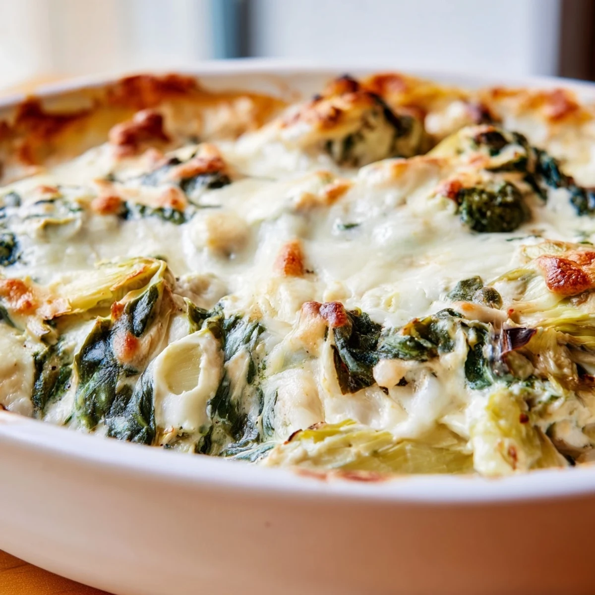 Golden-baked Cheesy Spinach Artichoke Dip with tortilla chips, bubbling with melty mozzarella and cheddar in a rustic dish.