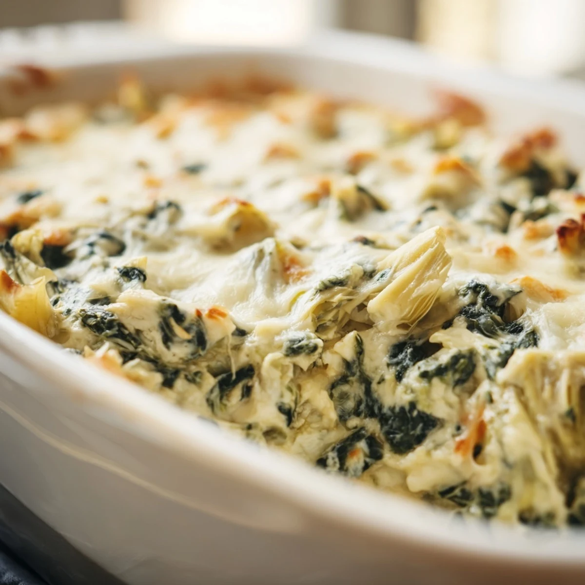 Cheesy Spinach Artichoke Dip with golden crust, creamy spinach and artichoke mixture served warm with crunchy tortilla chips.