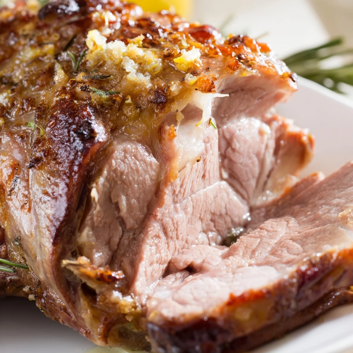 Golden, crispy skin on Garlic Herb Roasted Lamb Shoulder rests beside tender roasted onions and carrots.