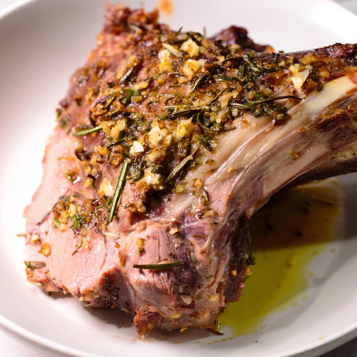 Perfectly cooked Garlic Herb Roasted Lamb Shoulder carved and plated with pan juices and vegetables.