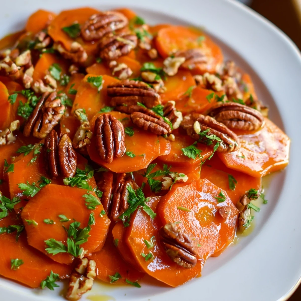 Tender Glazed Carrots with Maple and Pecans served warm alongside a holiday turkey on a wooden table.