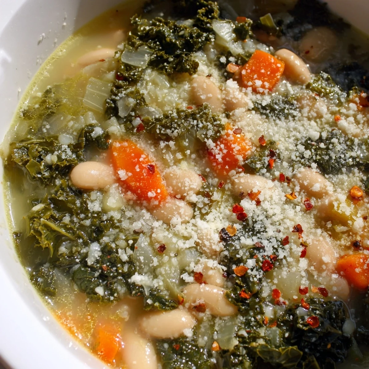 A ladle of Creamy White Bean and Kale Tuscany Soup resting next to fresh thyme and olive oil.