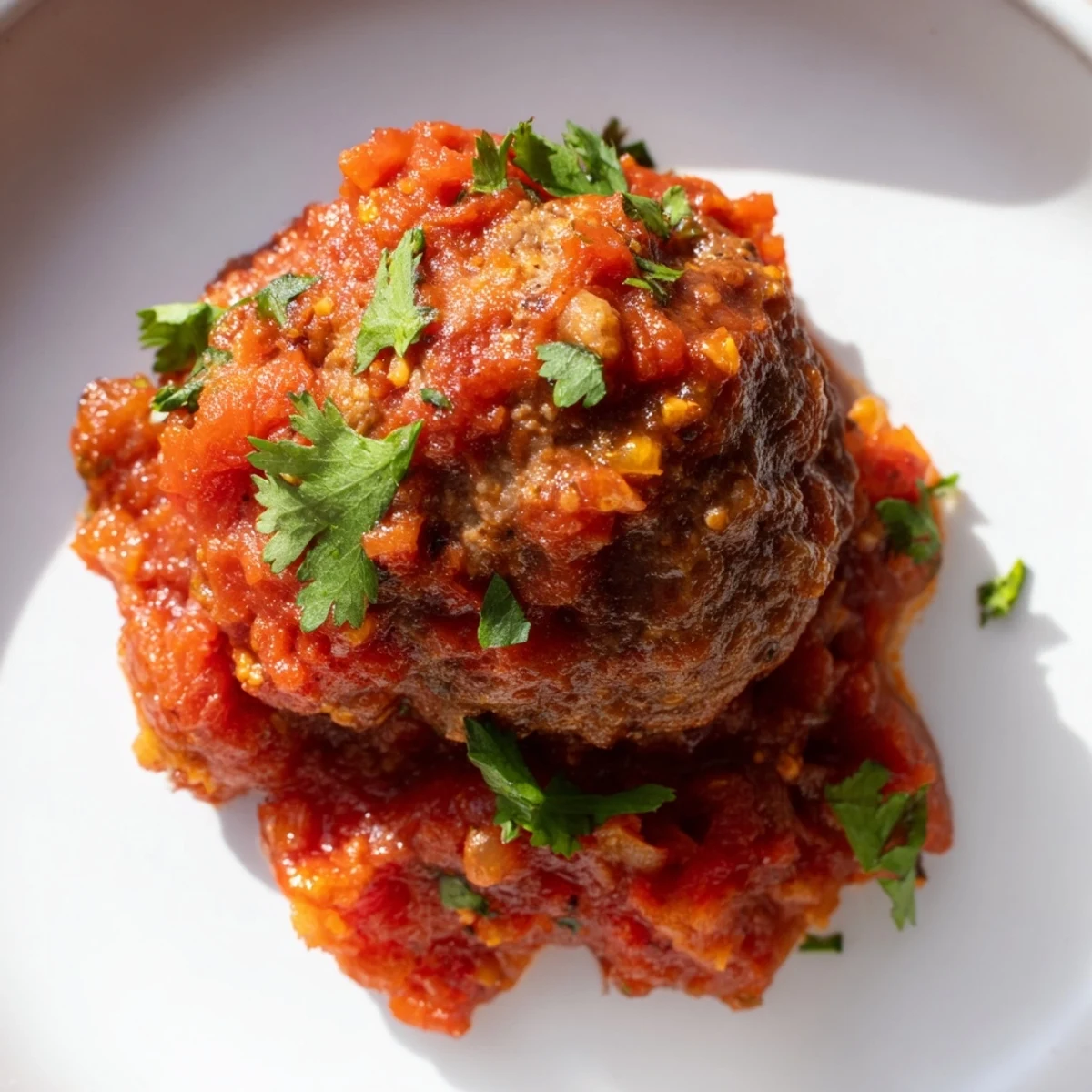 Golden-brown Spicy Lamb Merguez Meatballs simmering in a vibrant red tomato sauce in a cast-iron skillet.