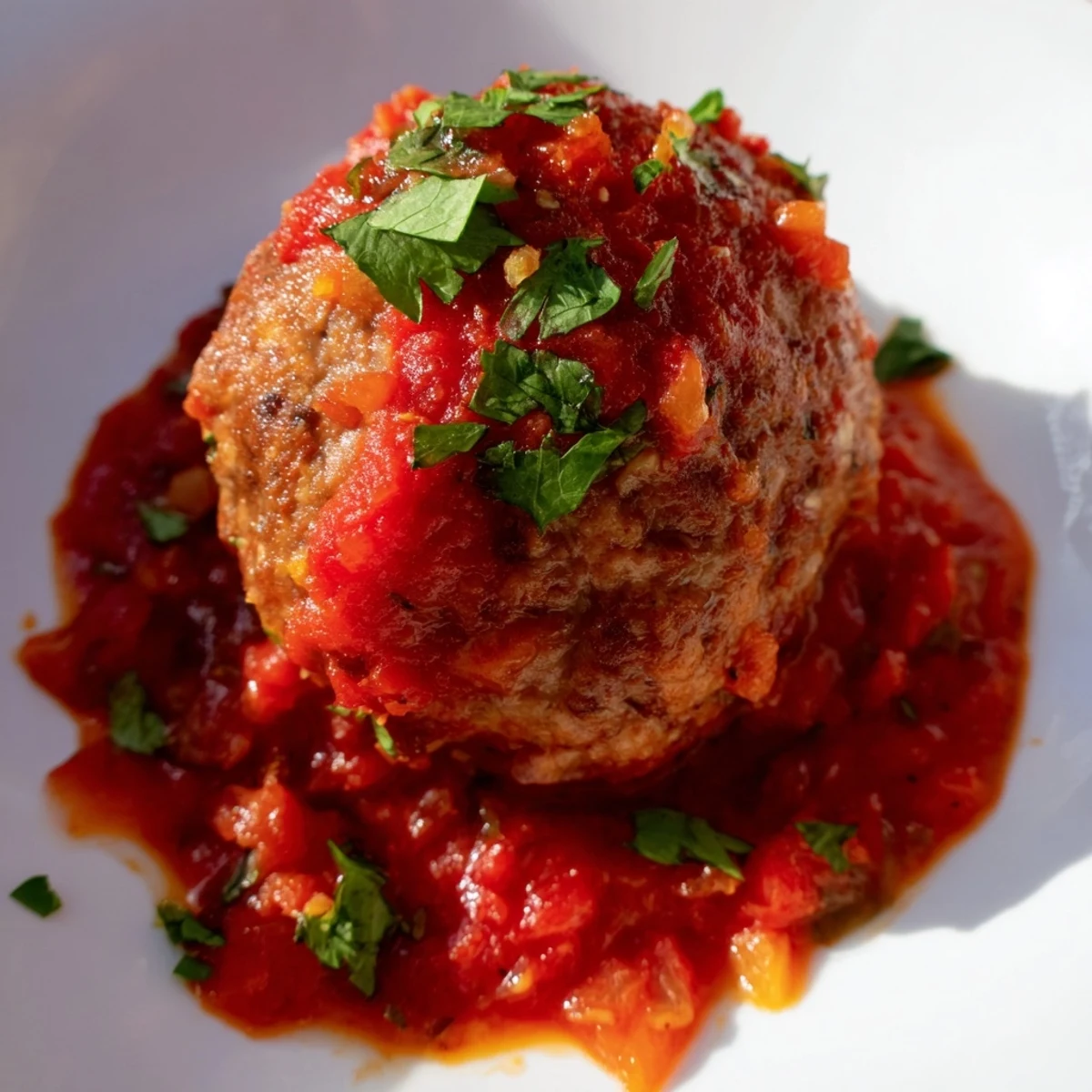 A spoon lifting a rich tomato sauce over savory Spicy Lamb Merguez Meatballs, showcasing the texture.