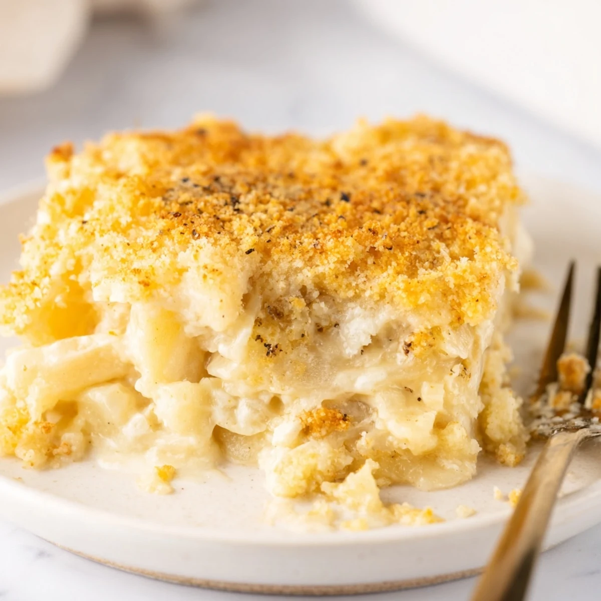 Golden-brown Cheesy Cauliflower and Potato Gratin served in a rustic ceramic dish, highlighting bubbly cheese topping and creamy, comforting vegetable layers perfect for a side dish.