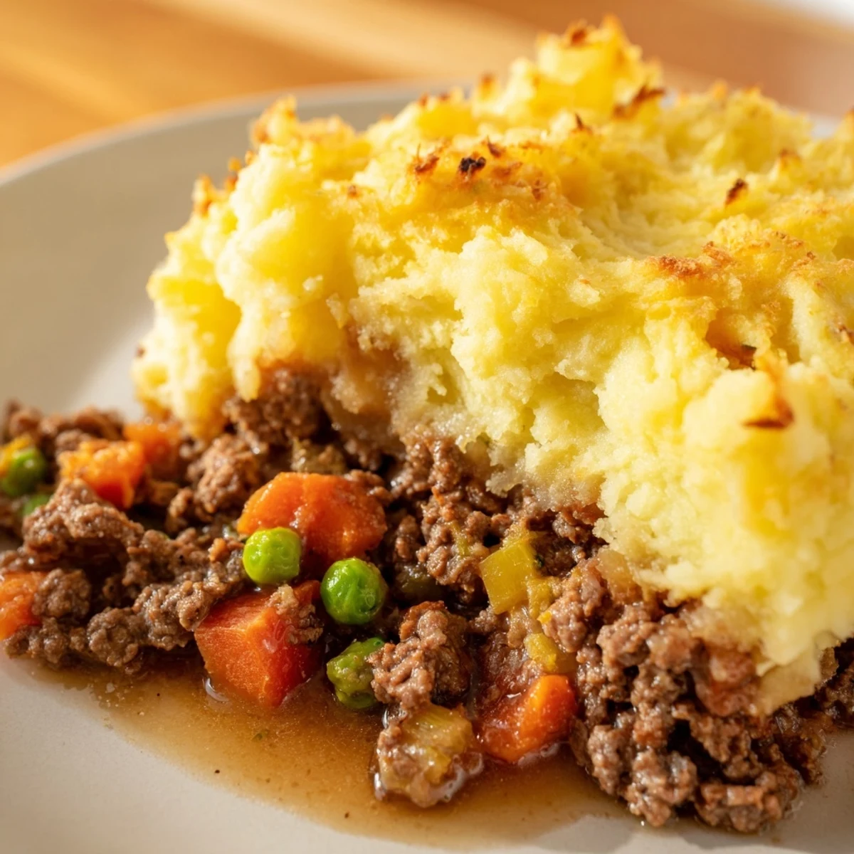 Golden-brown, fluffy mashed potatoes top a rich beef and vegetable filling in a baking dish of Classic Beef Cottage Pie, served ready to slice.