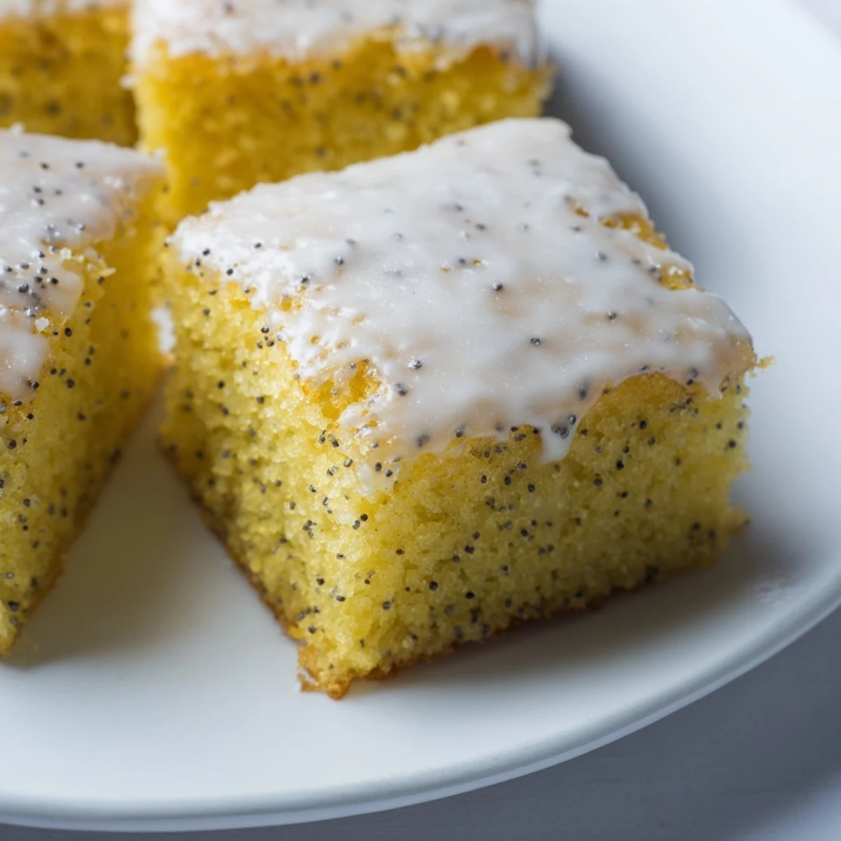 Freshly baked Lemon Drizzle Traybake with Poppy Seeds cut into squares on a tray, glistening with sweet citrus glaze and ready to serve.