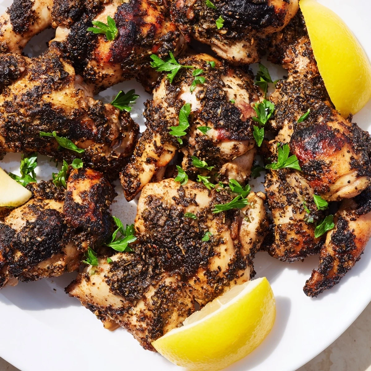 Grilled Chicken Thighs with Zaatar and Sumac plated on a white dish, garnished with fresh parsley and lemon wedges.
