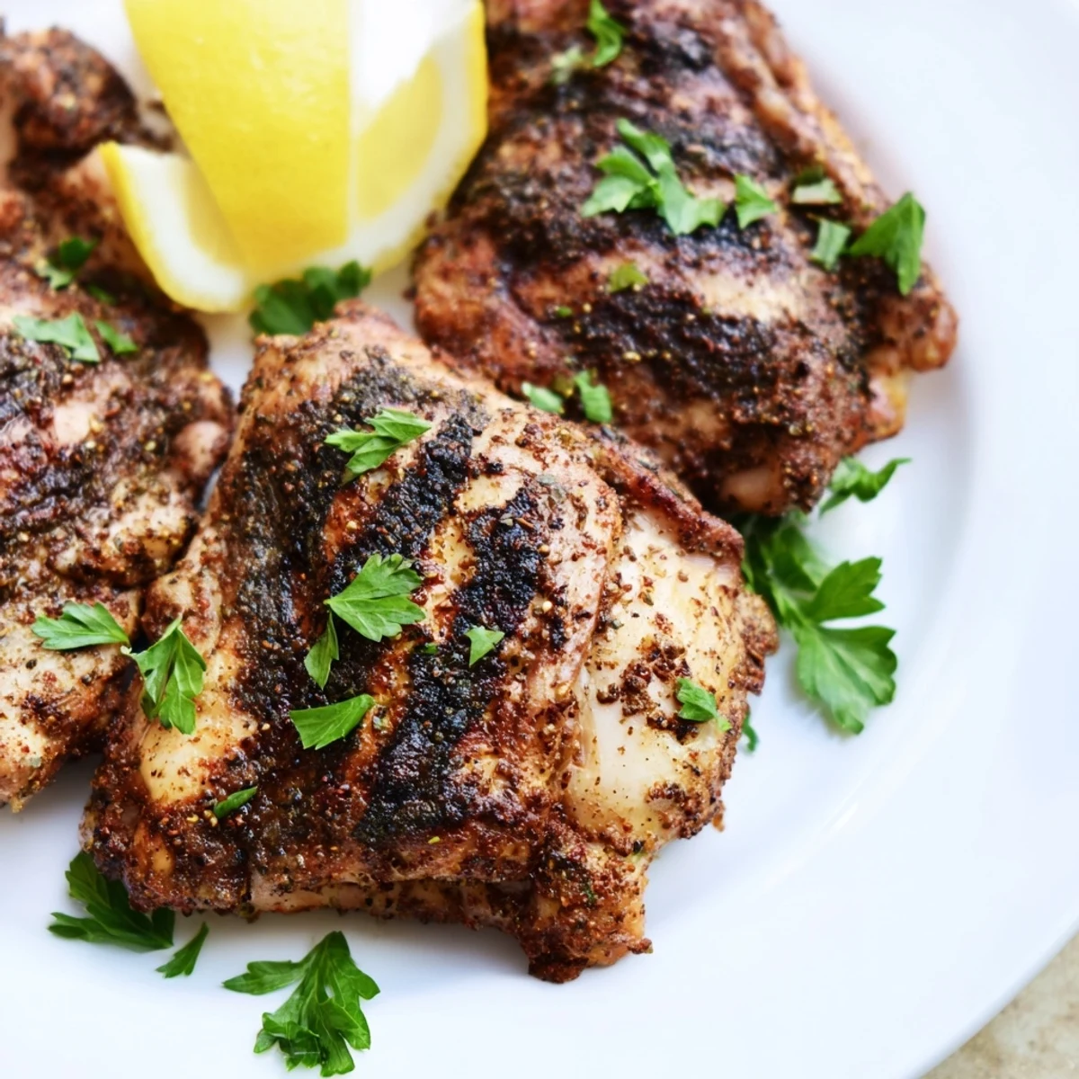 Sizzling Grilled Chicken Thighs with Zaatar and Sumac resting on a rustic wooden cutting board.