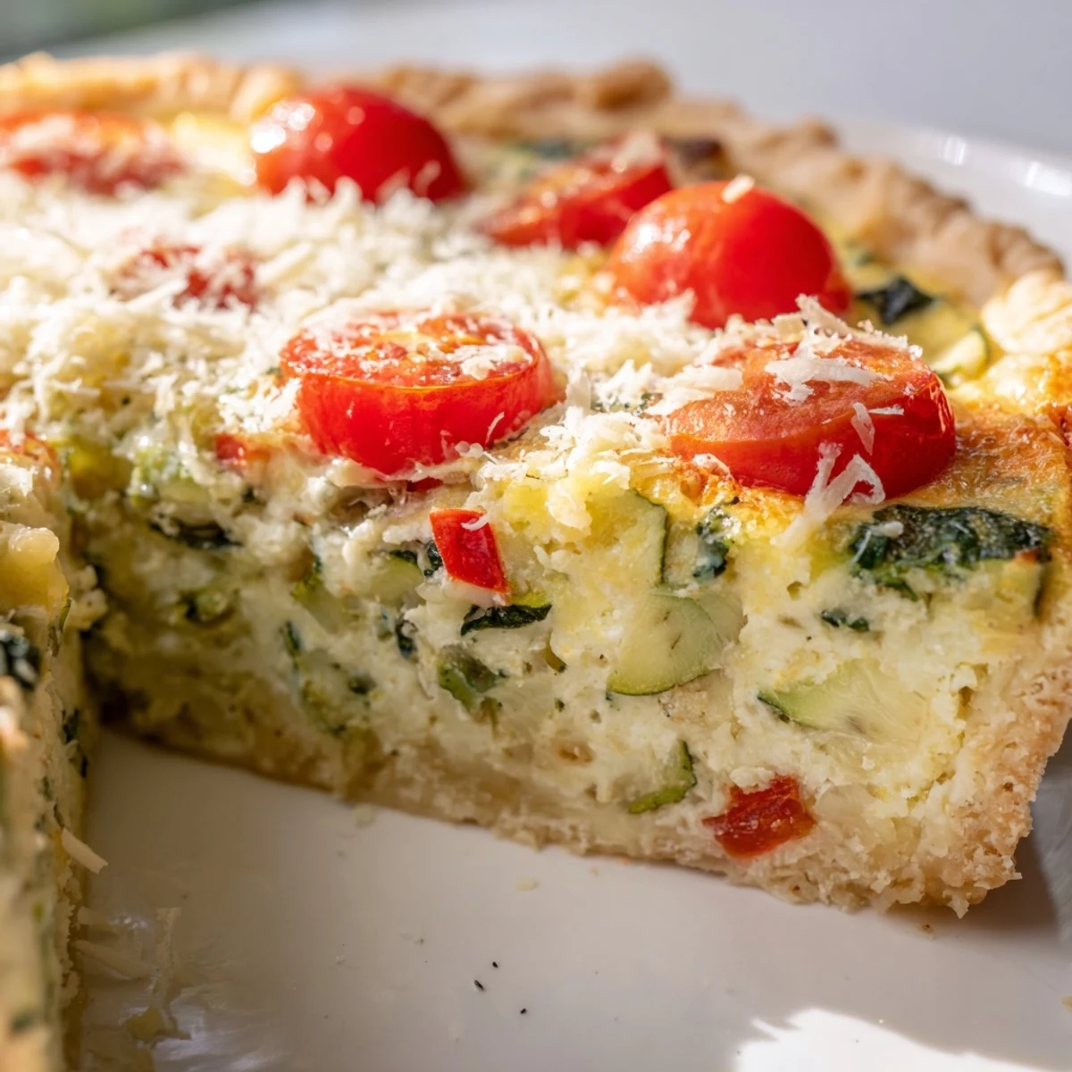 A slice of Savory Vegetable Quiche with Crust rests on a plate, revealing layers of spinach, bell peppers, and zucchini.