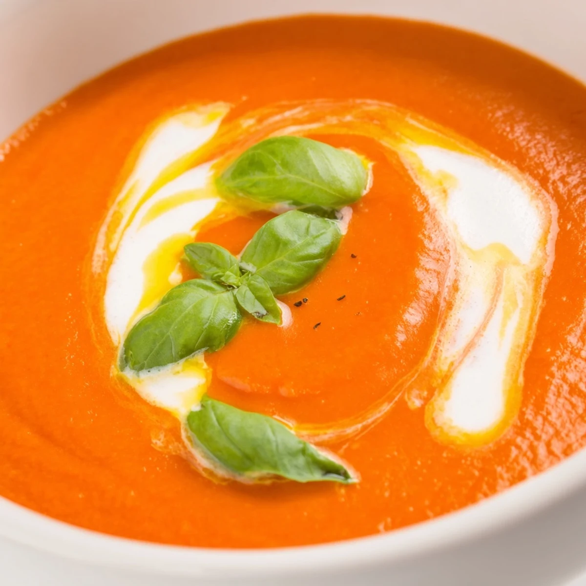 Steaming bowl of Creamy Tomato Basil Soup with Cream, garnished with fresh basil and a cream swirl.