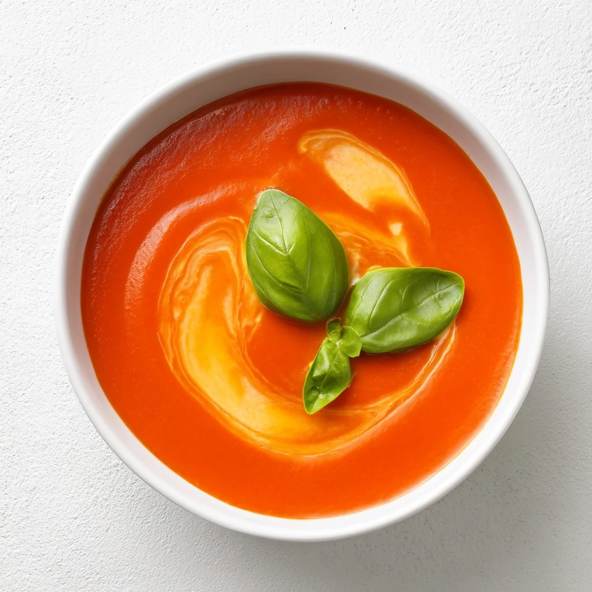 Vibrant red Creamy Tomato Basil Soup with Cream in a rustic bowl beside crusty bread.