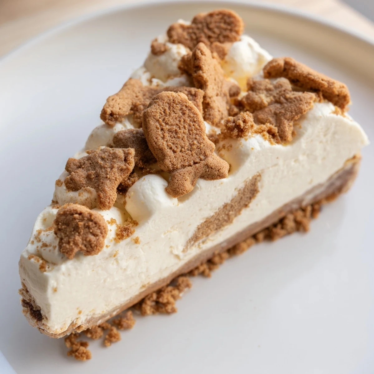 Slices of Gingerbread Cheesecake are served on dessert plates, garnished with whipped cream and mini gingernut cookies for a festive holiday treat.