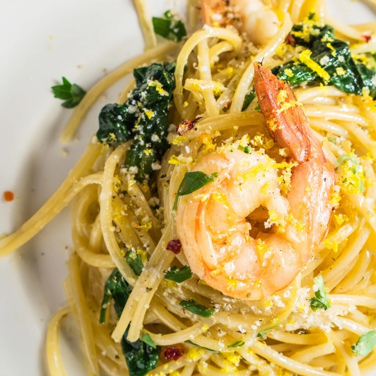 Bright, garlic-lemon shrimp pasta with spinach in a white bowl, garnished with parsley and Parmesan.