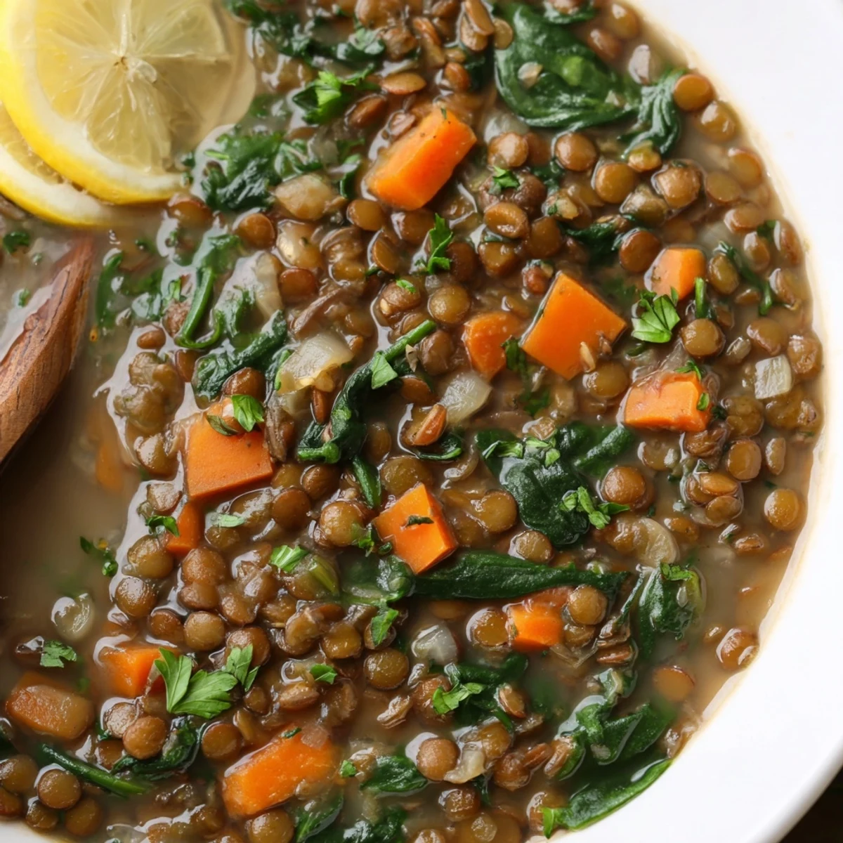 Warm bowl of Hearty Lentil Soup with Spinach and Lemon, topped with parsley and served with lemon wedges.
