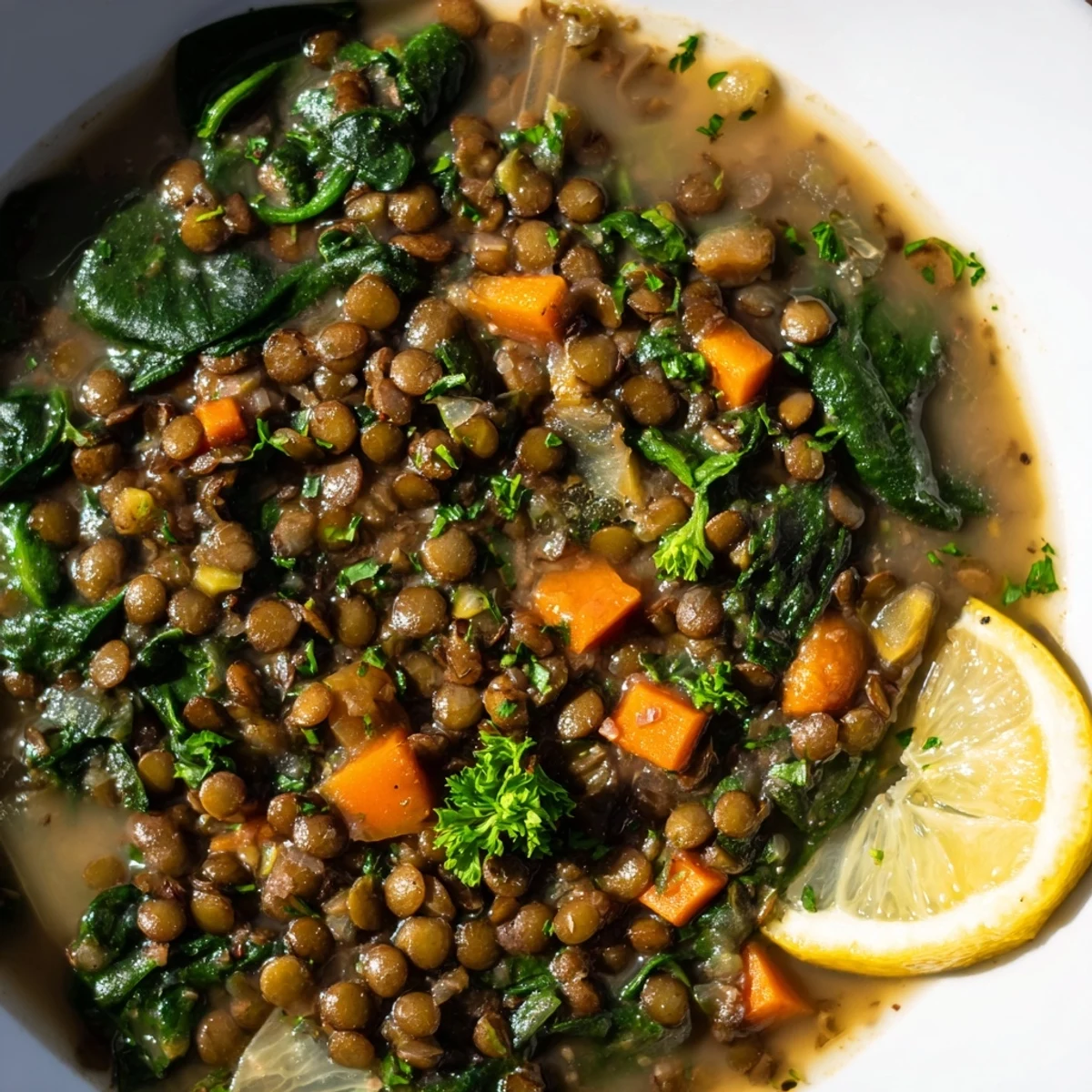 Hearty Lentil Soup with Spinach and Lemon steaming in a rustic bowl with bright greens and lemon.