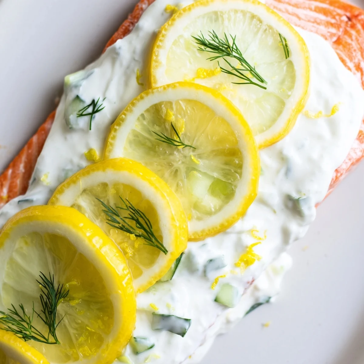 Golden-brown Baked Salmon with Dill and Cucumber Yogurt rests on a white plate, garnished with fresh herbs and lemon wedges.