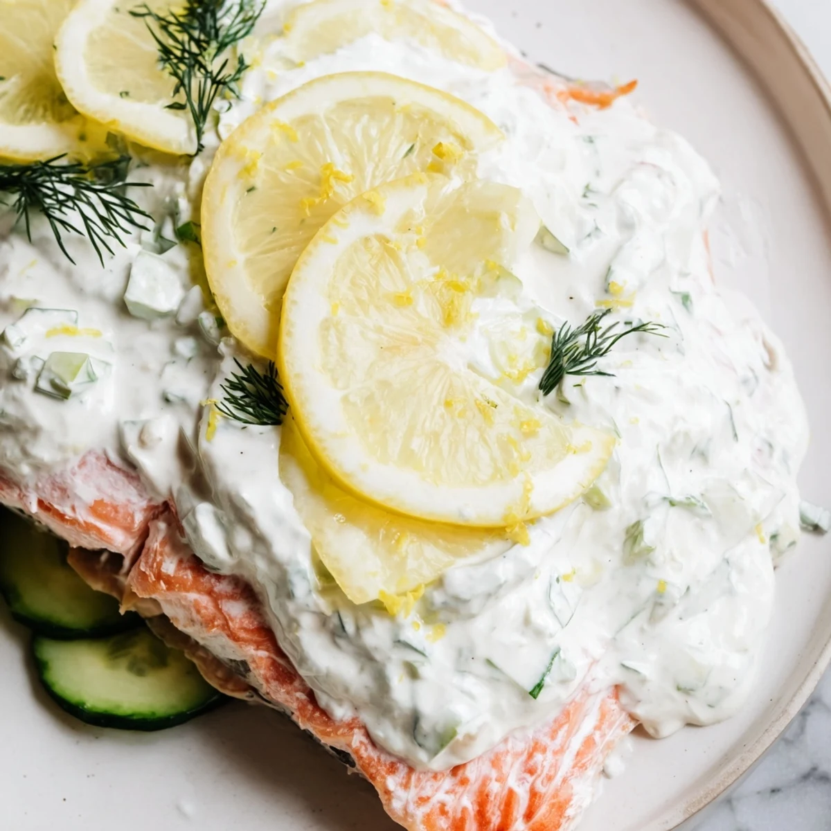 Seasoned Baked Salmon with Dill and Cucumber Yogurt bakes on a parchment-lined tray, surrounded by sliced lemons and fresh dill sprigs.