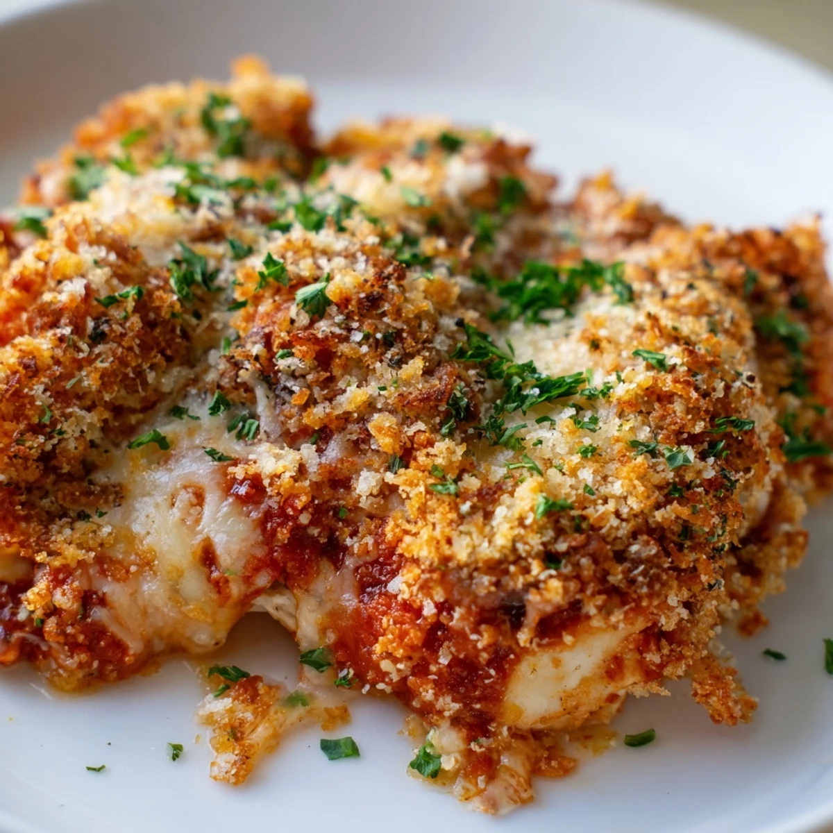 Steaming Chicken Parmesan Casserole with Marinara garnished with parsley, perfect for family dinner tonight.