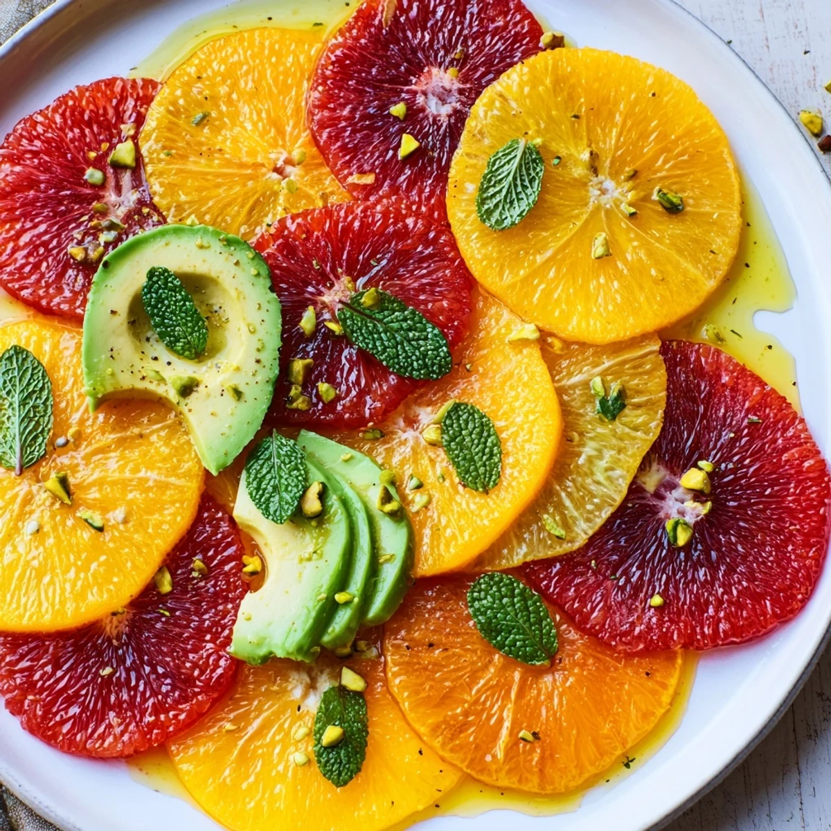 Freshly sliced blood oranges and grapefruit are layered with creamy avocado slices on a platter, finished with torn mint leaves and a drizzle of lemon dressing.