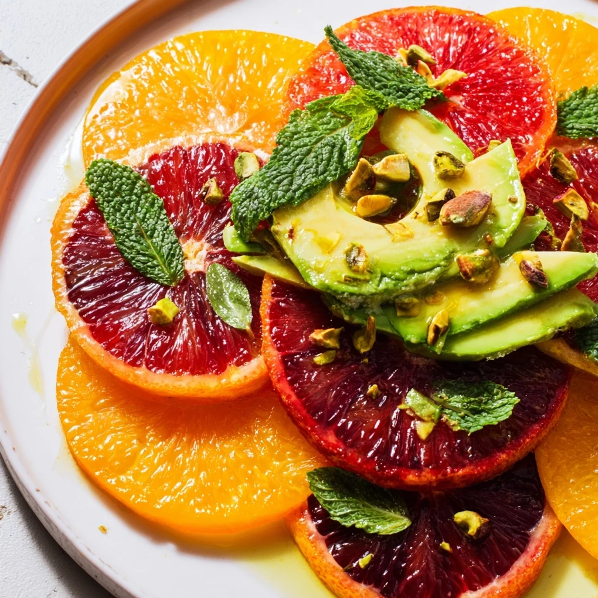 Overhead view of Winter Citrus Salad with avocado and mint arranged on a white platter, showcasing bright citrus rounds and fresh green herbs for a vegan side dish.