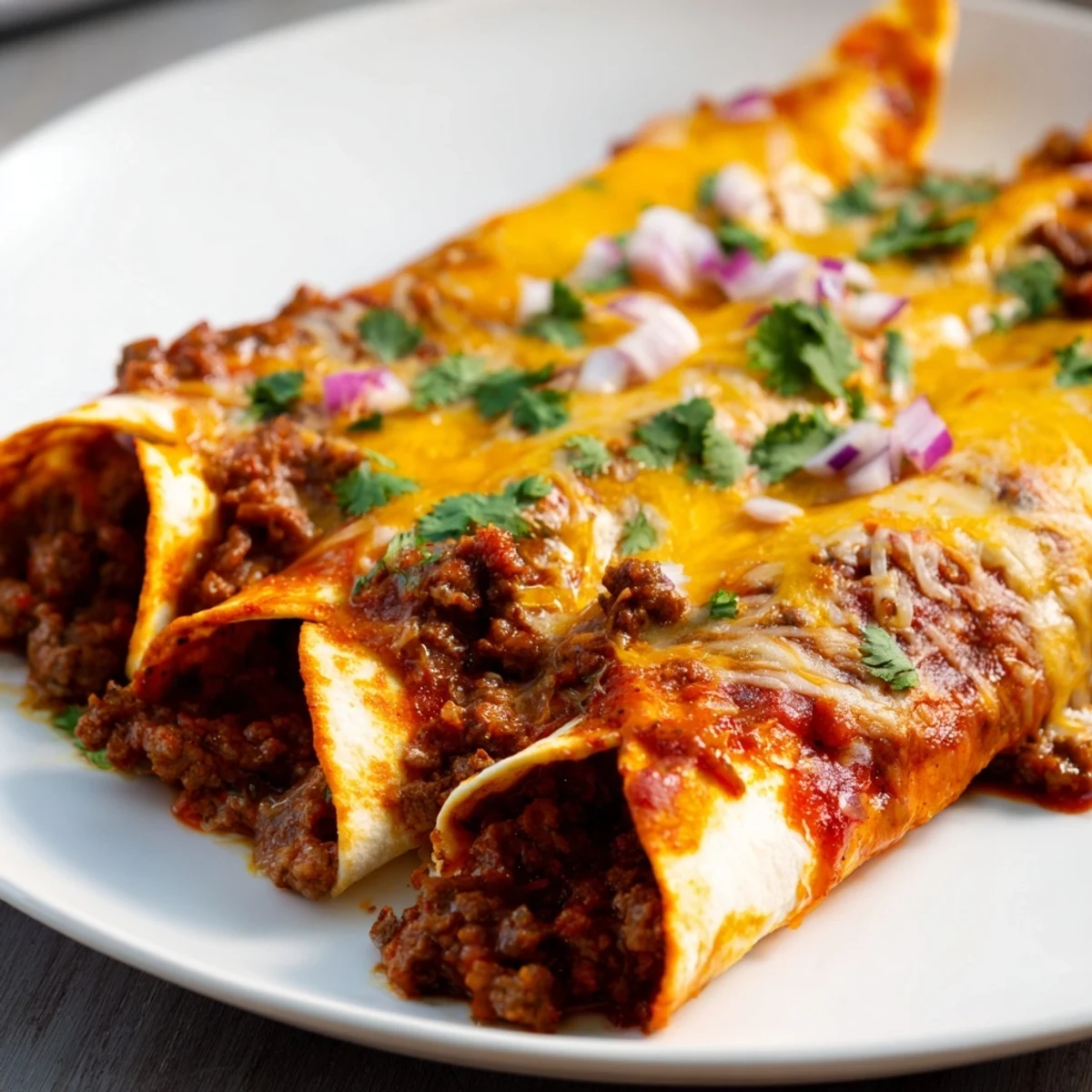 Pulled-back view of beef enchiladas with red sauce and melted cheese, served with lime wedges and avocado.