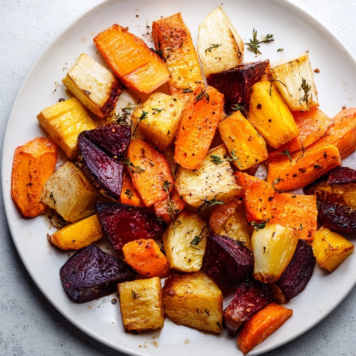 A close-up of Roasted Roots with Thyme, featuring golden sweet potatoes and crispy edges, ideal for a vibrant holiday side dish.