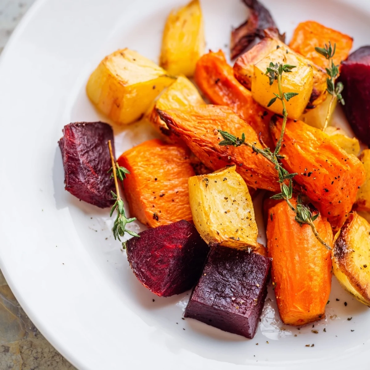 This vegan Roasted Roots with Thyme dish, rich with garlic and fresh thyme, is served warm from the oven on a rustic platter.