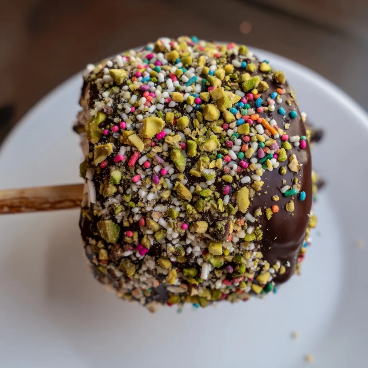 Fluffy marshmallows on a stick dipped in melted chocolate and rolled in crushed pistachios. 