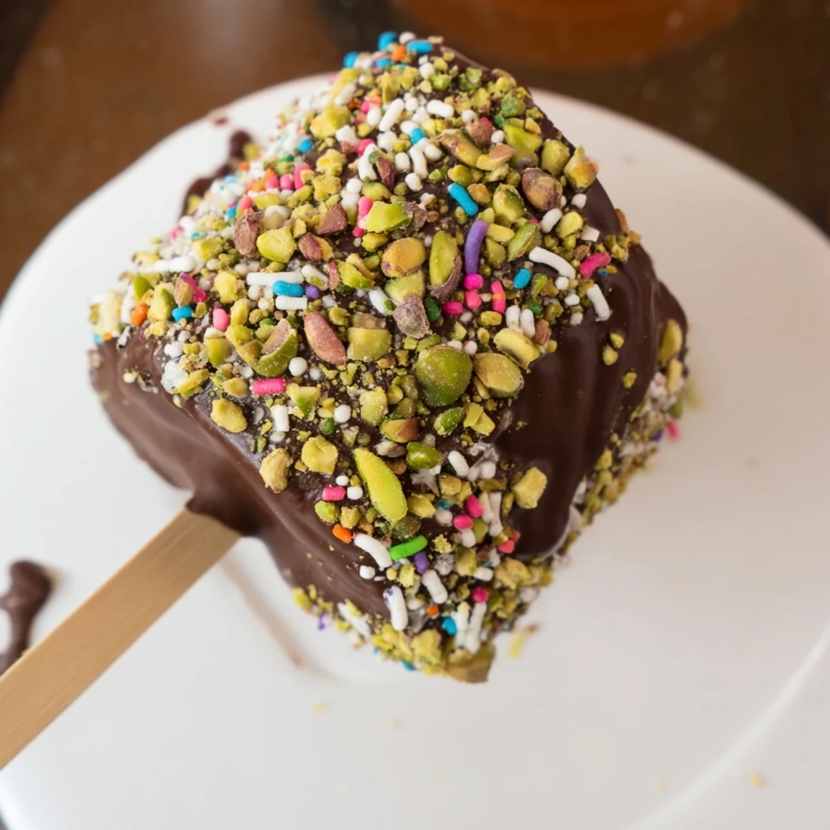 Homemade Chocolate Marshmallows on Stick with rainbow sprinkles, displayed before chilling.