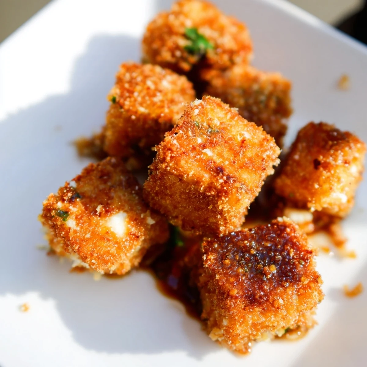 Plate of savory Crispy Tofu Bites served as an appetizer garnished with fresh green onions.