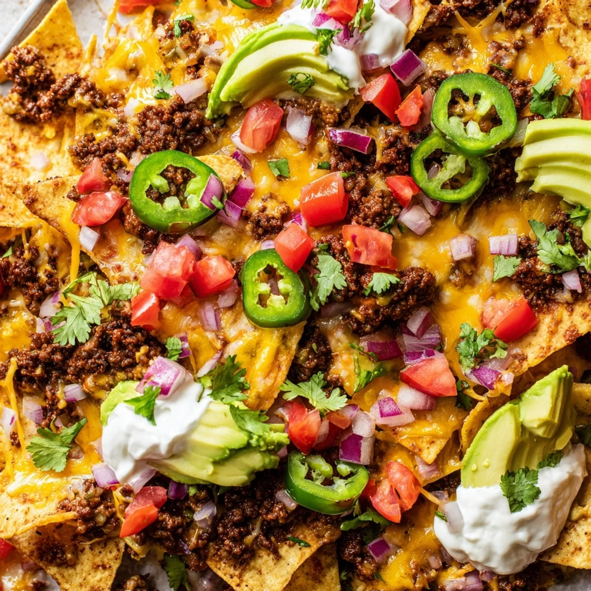 Freshly baked Beef Nacho Platter with seasoned ground beef, melted cheddar, jalapeños, and diced avocado on crispy chips.