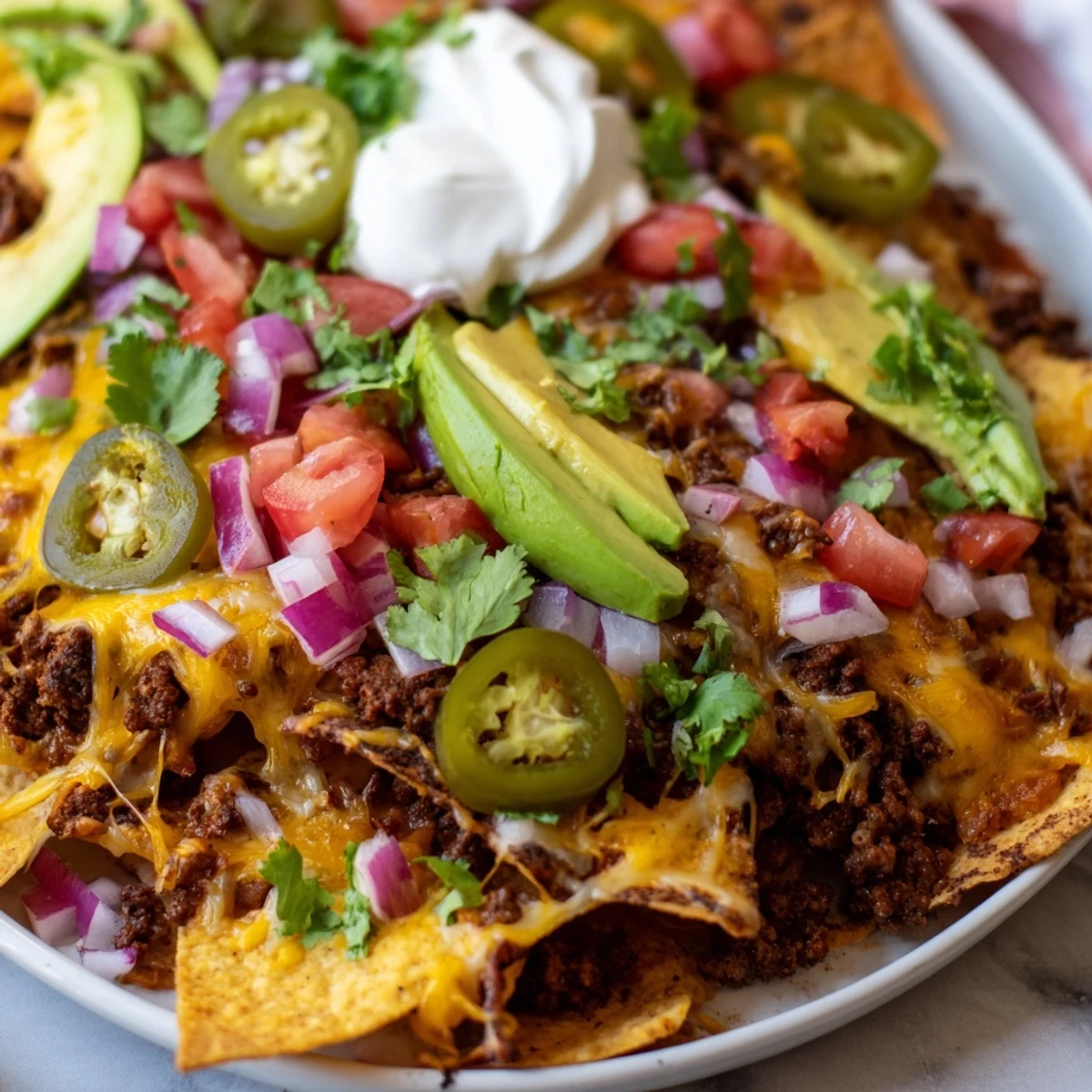 Oven-ready Tex-Mex Beef Nacho Platter layered with Monterey Jack, beefy chili spices, and lime wedges for serving.