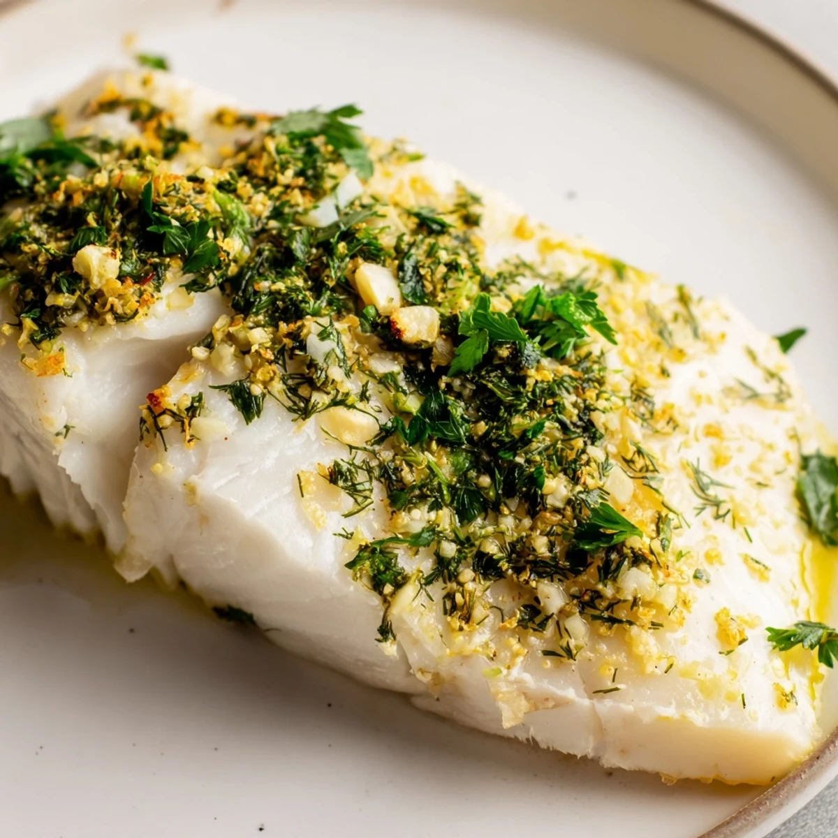 Moist Baked Halibut with Herbs drizzled with olive oil and lemon juice, ready to pair with steamed vegetables.