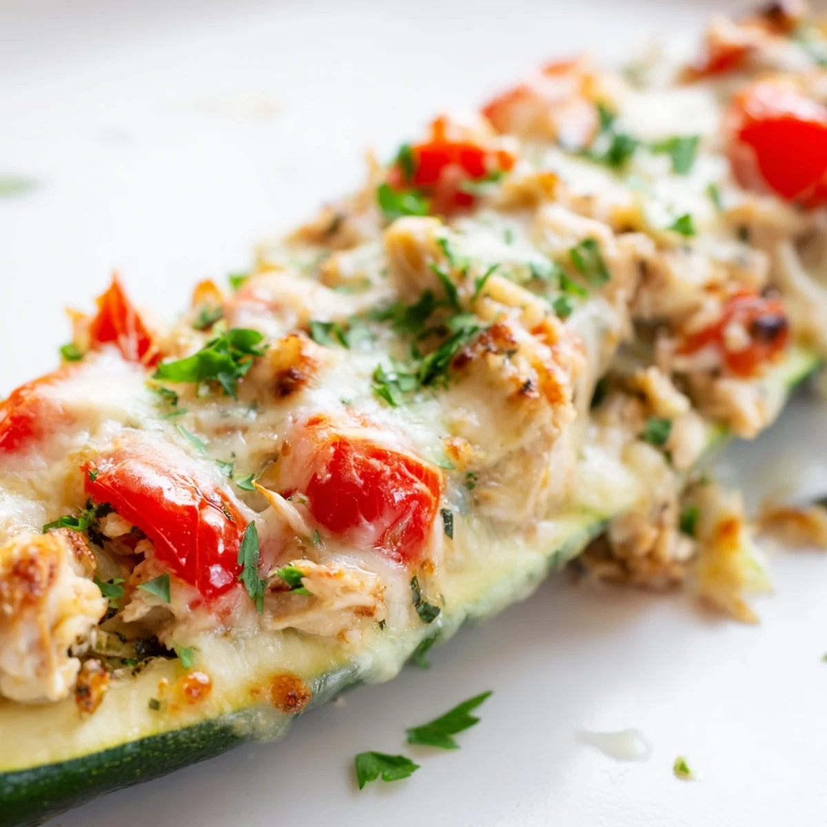 Tender zucchini halves stuffed with chicken and tomatoes, topped with bubbly golden mozzarella and Parmesan.