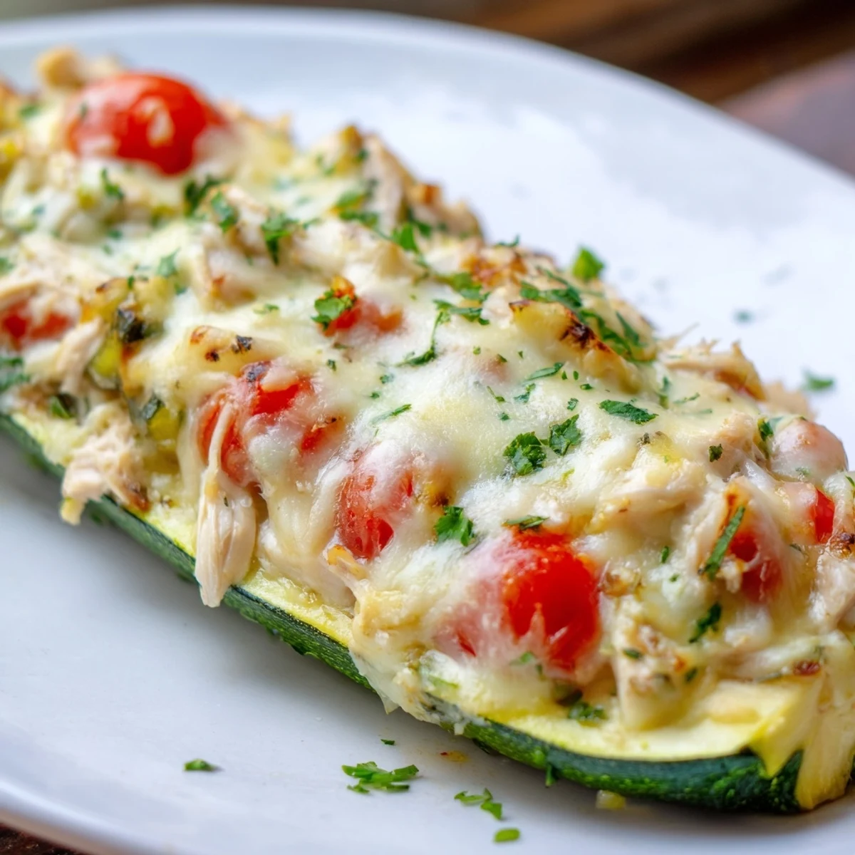 Golden-brown Chicken Zucchini Boats filled with chicken, tomato, and melted cheese, served hot from the oven.