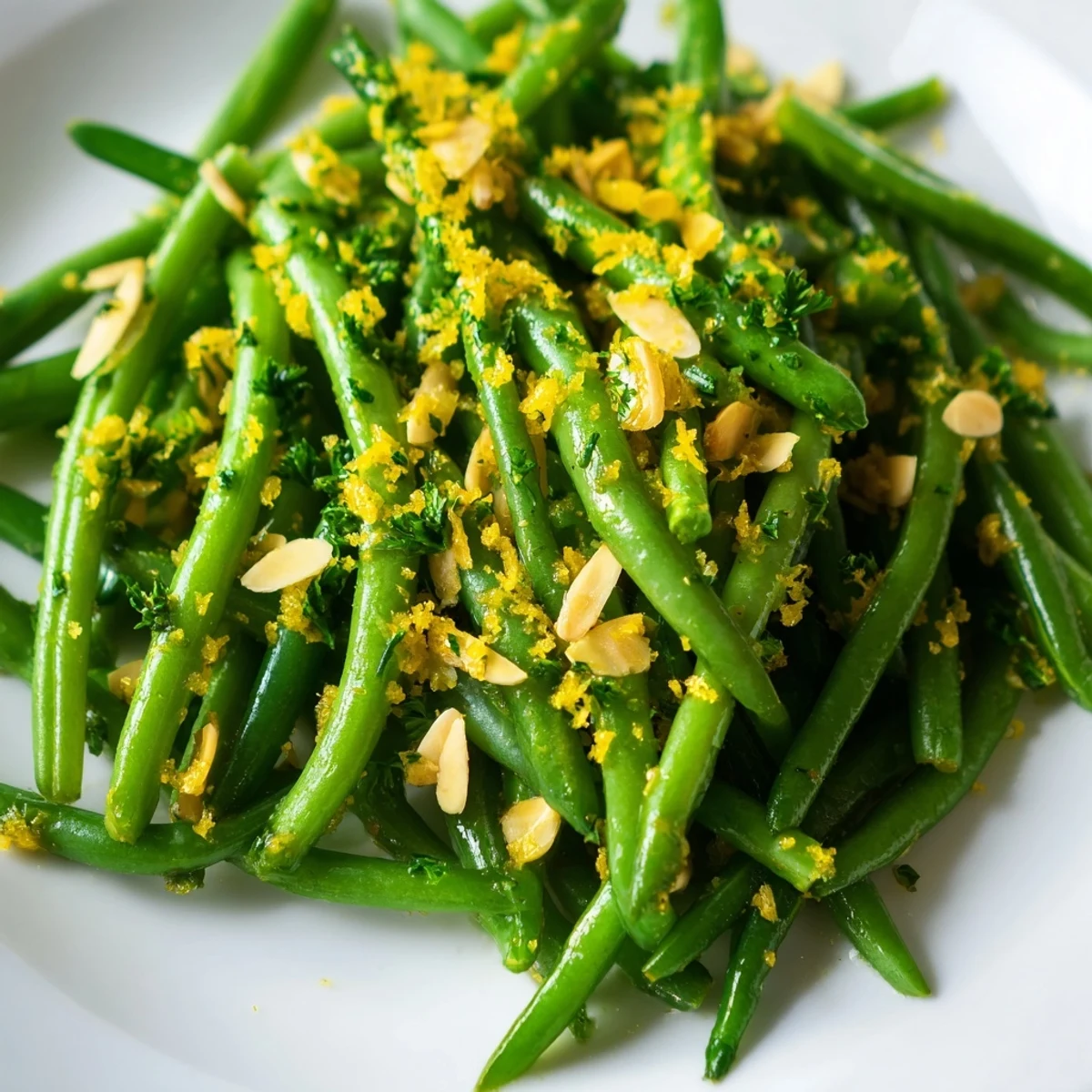 Crisp-tender Lemon Green Beans plated with parsley and sliced almonds, served warm as a bright and zesty gluten-free side dish.