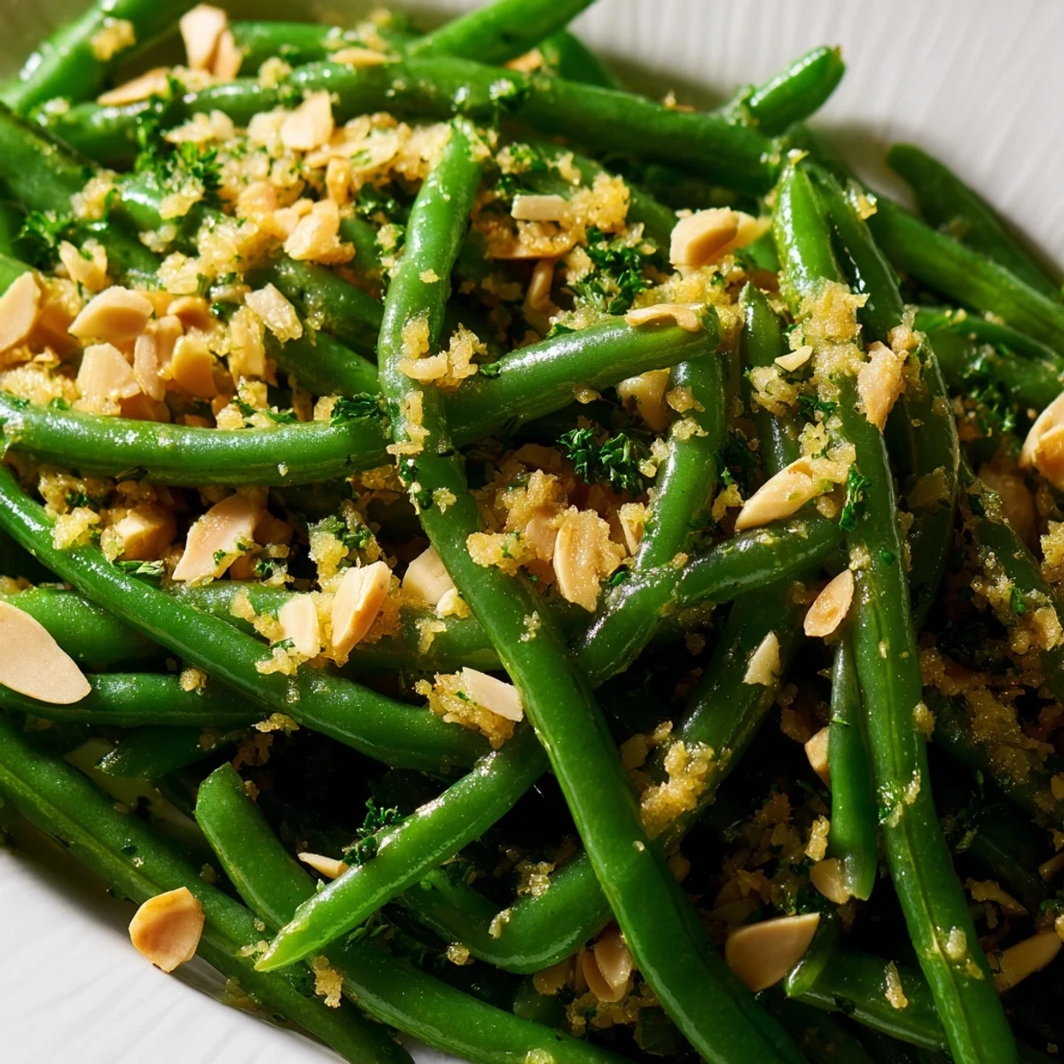 Vibrant green beans tossed in a zesty lemon dressing, showcased in a serving bowl with fresh parsley and almond garnish.