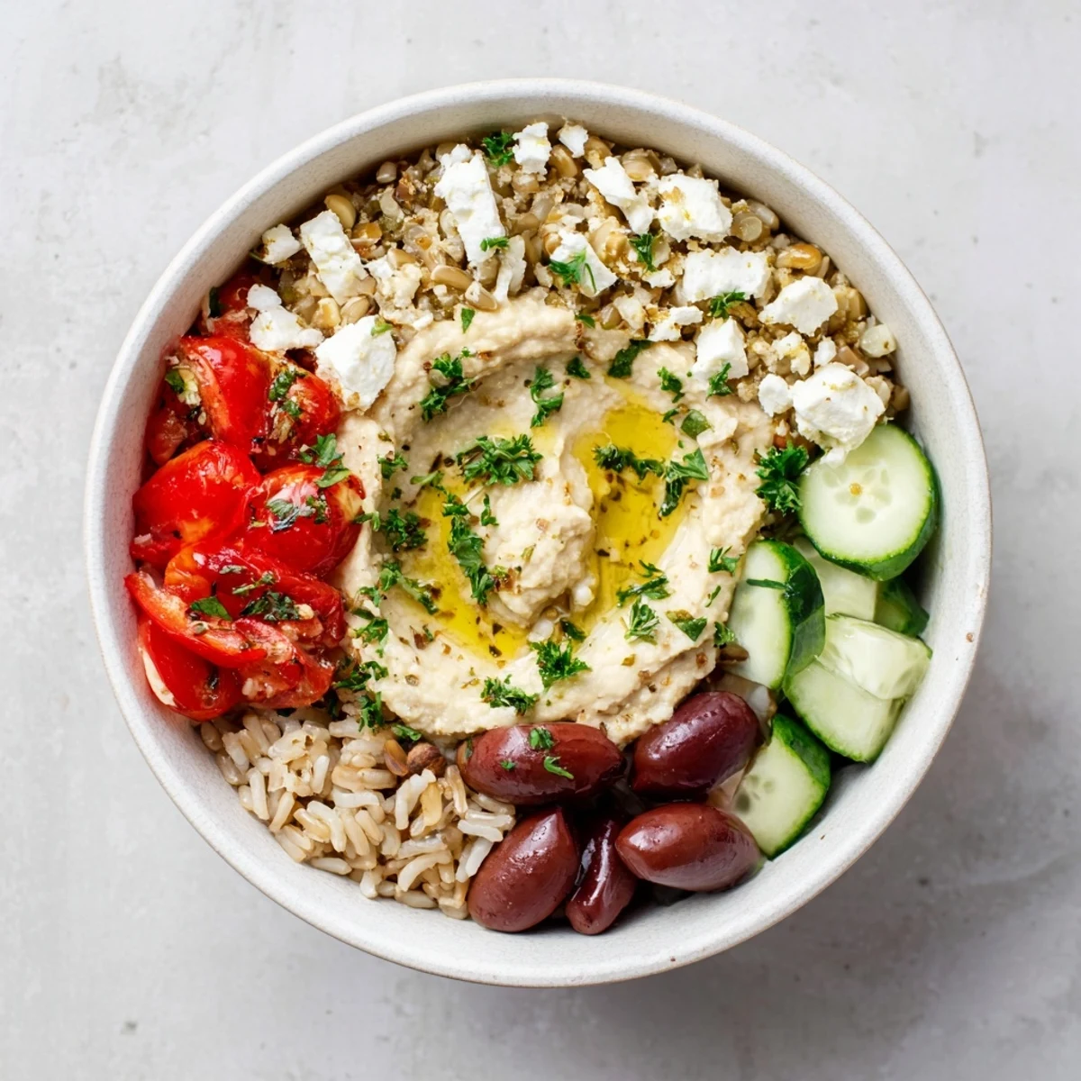 Fresh Mediterranean Hummus Bowl topped with Kalamata olives, feta, and pine nuts, served on a bed of greens.
