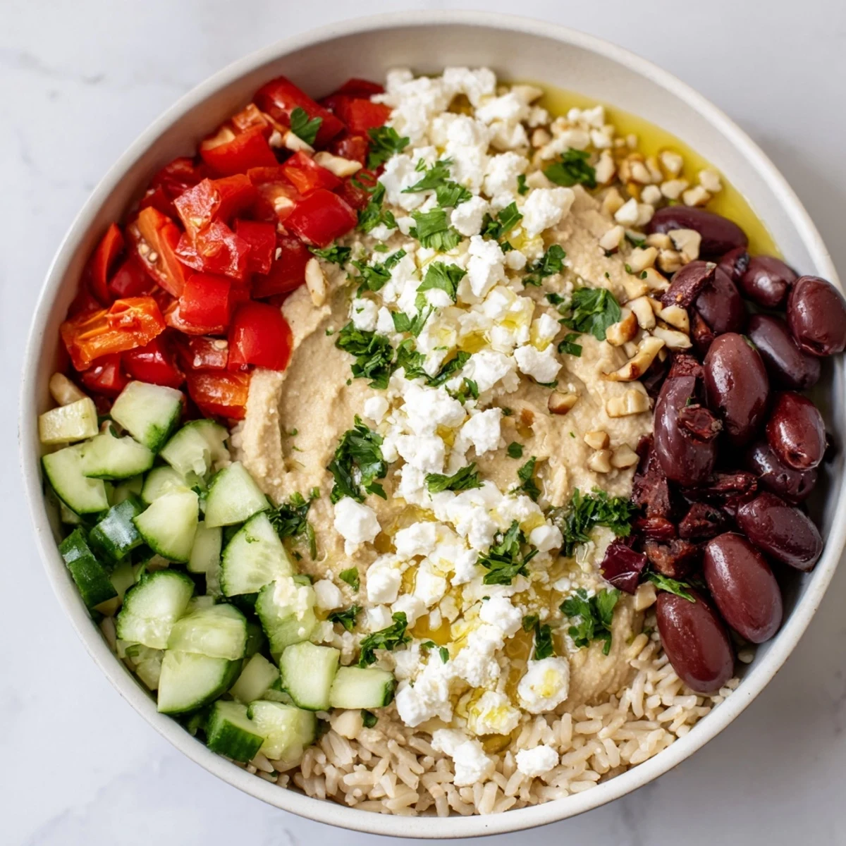 Vibrant Mediterranean Hummus Bowl garnished with parsley and pine nuts, ready to serve with warm pita bread.