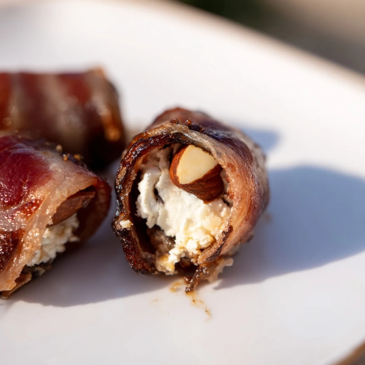 Freshly cooked Air Fryer Crispy Beef Bacon Wrapped Dates offering a savory and sweet appetizer snack.