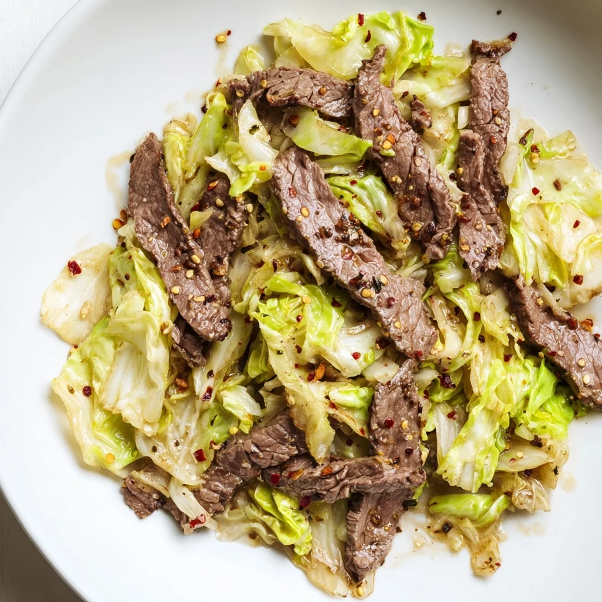 Tender beef strips and vibrant green cabbage coated in a savory soy and sesame sauce for a low-carb dinner.