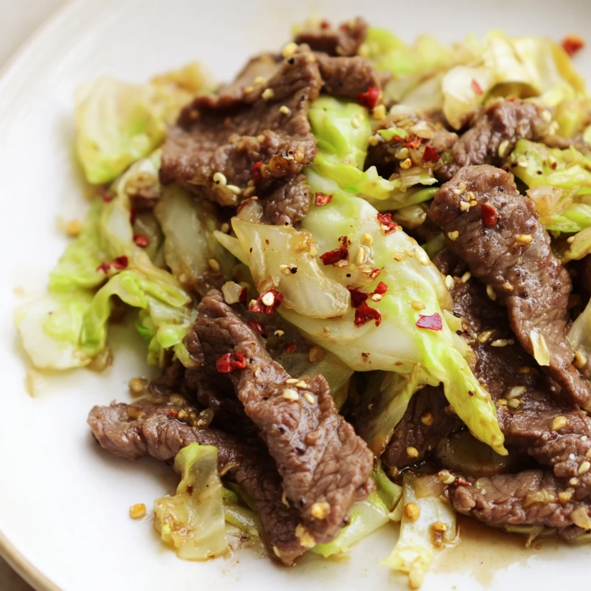 Freshly cooked Keto Friendly Beef and Cabbage Stir Fry sizzling in a stainless steel skillet with steam rising.